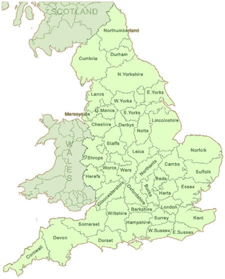 Hover your mouse over the map below and click to find the counties and towns 